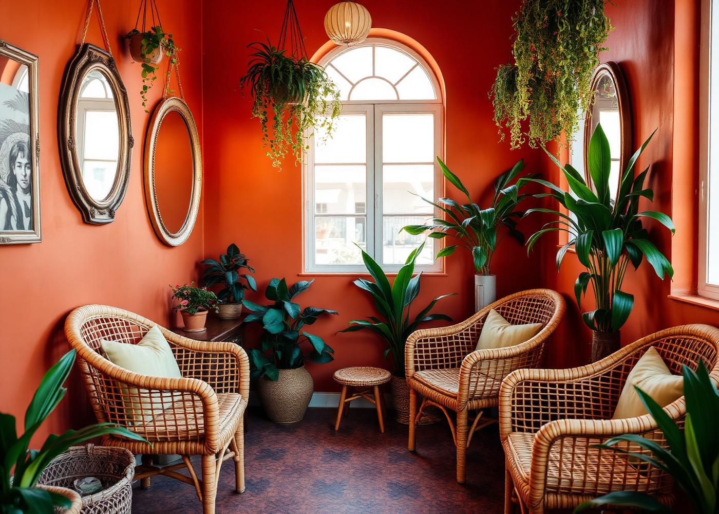 Warm afro-chic salon interior with terracotta walls